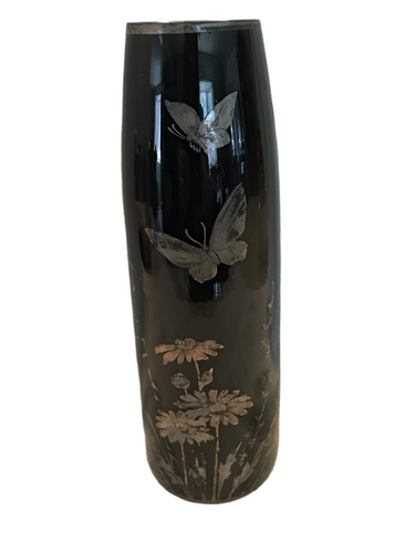 Vintage Silvered Glass Butterflies & Daisies Vase  #1160