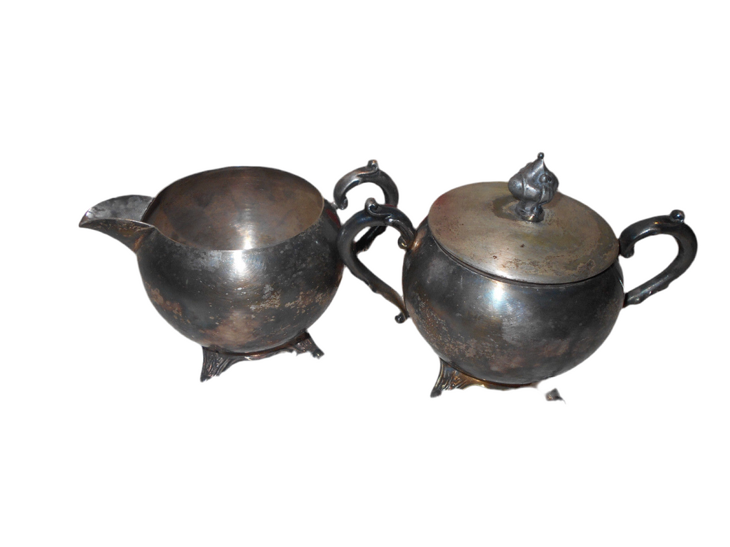 Antique/Vintage Metal Dishes: Silver/Silverplate Sugar and Creamer #8