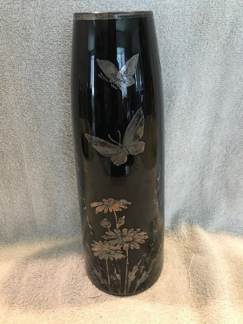 Vintage Silvered Glass Butterflies & Daisies Vase  #1160