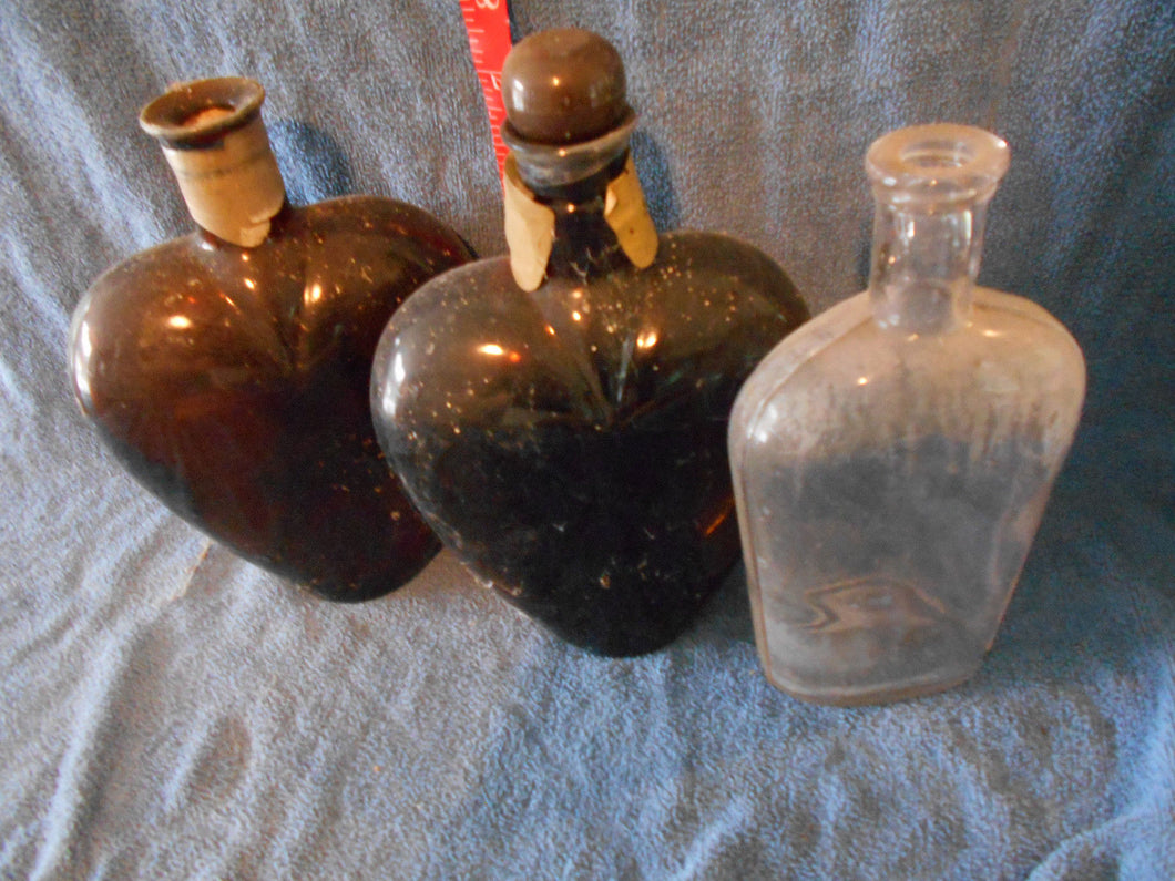 3 Vintage Flask, Heart-Shaped Bottles (118)