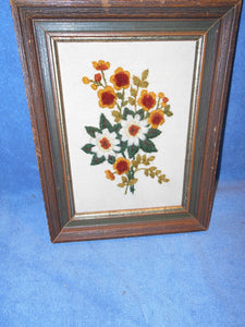 Vintage Needlepoint "WoolWork Flowers" Framed (528)