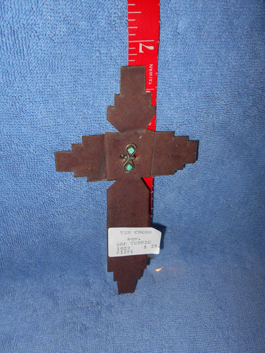 Vintage  Gorgeous Tin Cross With Turquoise Beads (46A)