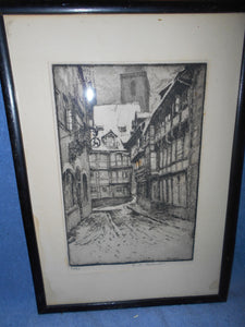 Vintage Hand-Etched "Street Scene of Hidesheim, Germany" - Framed (521)