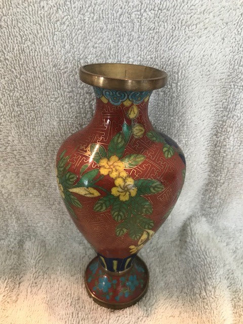 Vintage Cloisonne Red Flowered Vase on Base #854