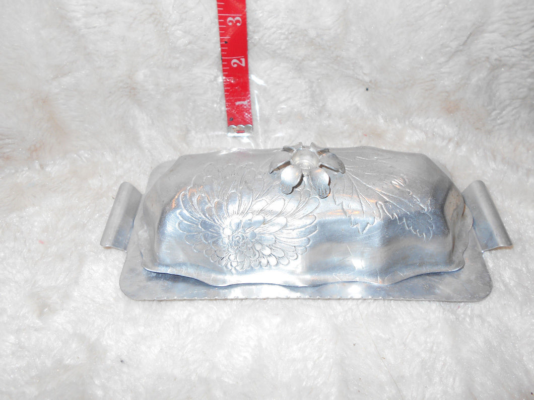 Vintage Hammered, Etched Aluminum Butter Dish (609)