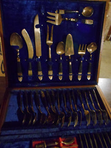 Vintage Brass & Teak Silverware Set In Wood Case 103 Pieces (61)