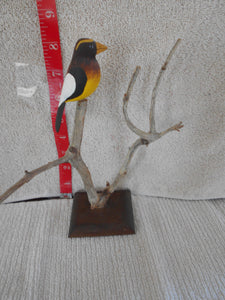 Vintage Hand-Carved & Painted Wooden Oriolle On A Tree With Base #114