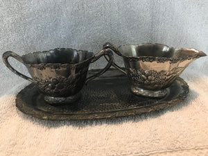 Antique/Vintage Silver/Silverplate Tray & Sugar, Creamer Set  #849