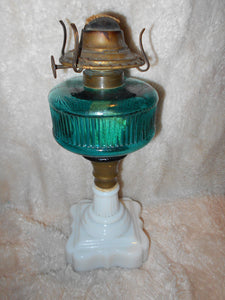 A/V Glassware Deco: Emerald Blown Glass & Milk Glass Kerosene Lamp (#12)