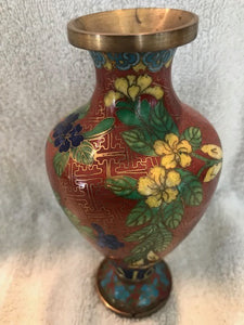 Vintage Cloisonne Red Flowered Vase on Base #854