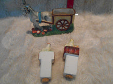 Vintage  Ceramic Donkey Pulling Wagon W/Bird Salt & Pepper Holders (457)