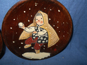 Vintage Set of 2 Wooden Carved & Hand-Painted Eskimo Plates (#1)