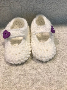 Handmade 3-6 Month White With Purple Heart Buttons Mary Jane Shoes