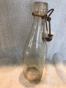 Antique Clear Wire and Porcelain Capped Beverage Bottle  #837