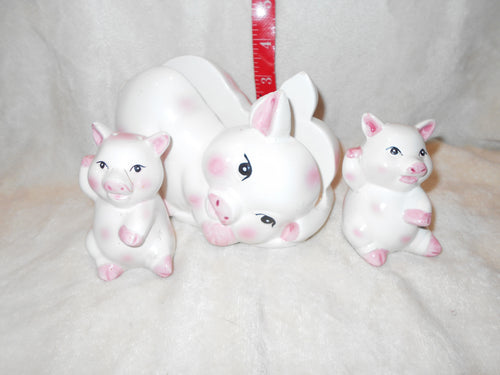 Antique/Vintage S & P:  Moma Pig Napkin Holder with Baby S & P Shakers