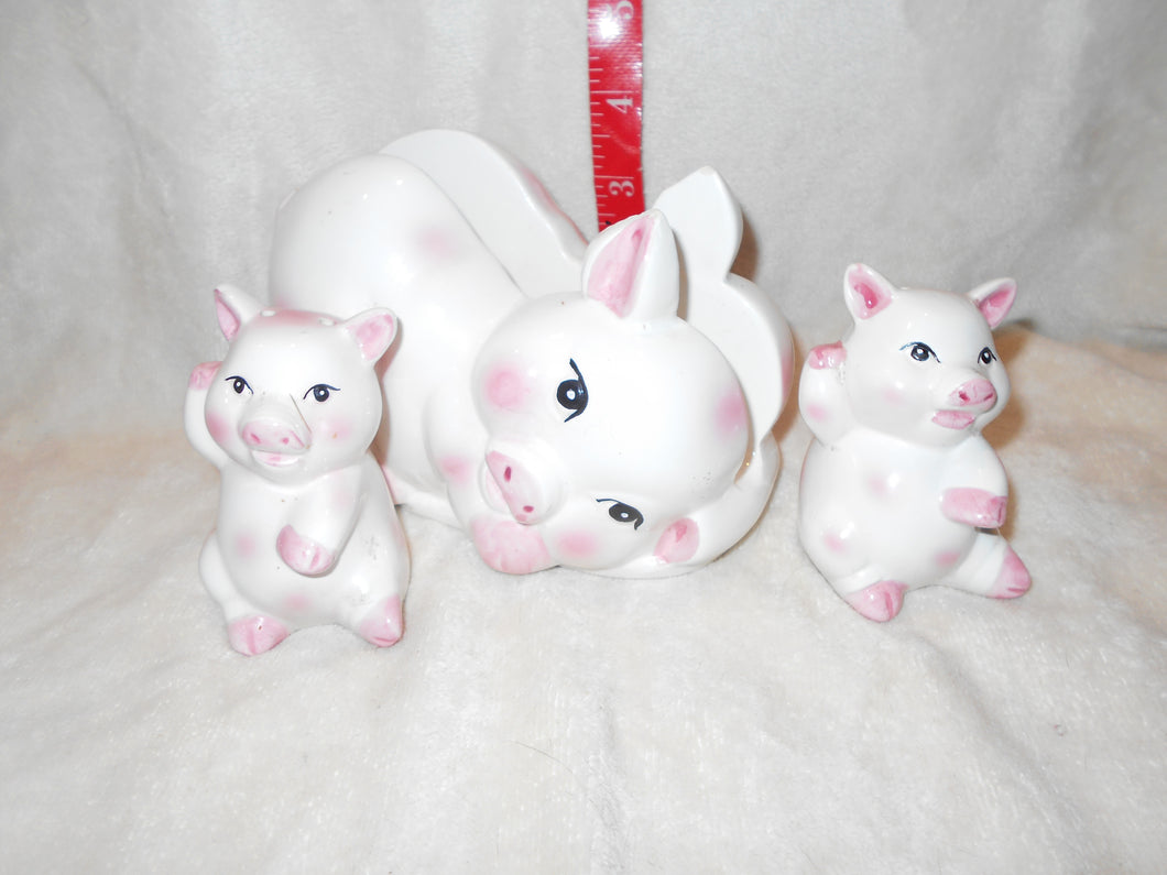 Antique/Vintage S & P:  Moma Pig Napkin Holder with Baby S & P Shakers