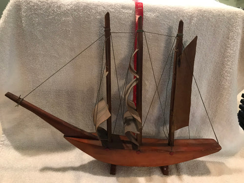 Vintage Wooden Handmade Boat Model With Balsa Sails #2064