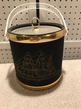 Vintage Handled Ice Bucket With Boat Picture & Tongs (12A)