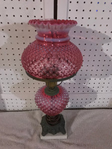 Vintage GWTW Light Rose Hobnail Glass, Brass & Marble Hurricane Lamp (#2)