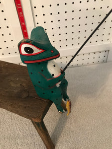 Wooden Hand-Carved, Hand-Painted, Sitting, Fishing Frog #71