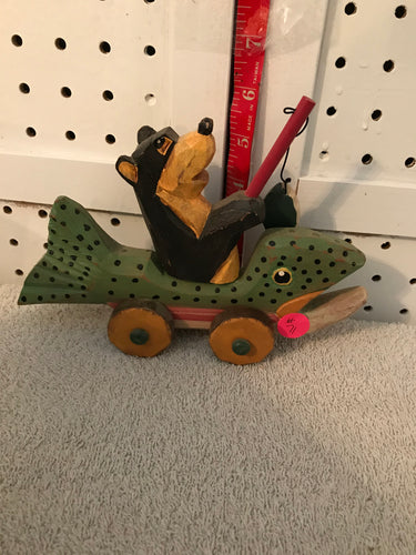 Wooden Hand-Carved, Hand-Painted Bear, Sitting, Fishing, In A Fish Car #73