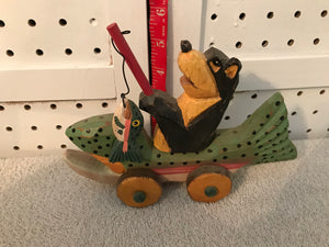 Wooden Hand-Carved, Hand-Painted Bear, Sitting, Fishing, In A Fish Car #73