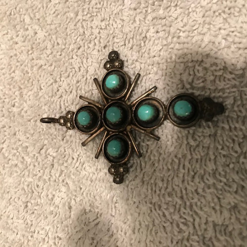 Vintage Silver, Silver-like & Turquoise Cross Pendant (496)