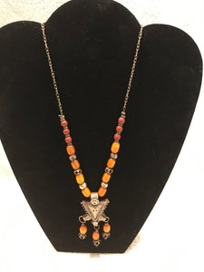 Vintage Brass & Orange Beaded Necklace #11