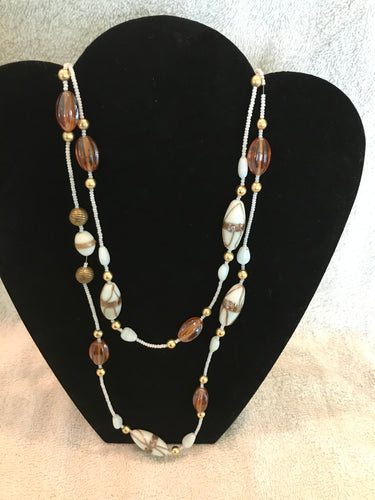 Vintage White/Gold/Amber Beaded Necklace #14