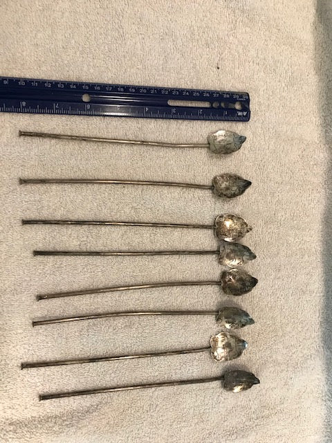 Set of 8 Vintage Silver Leaf-shaped Long Handled Tea Spoons (602)