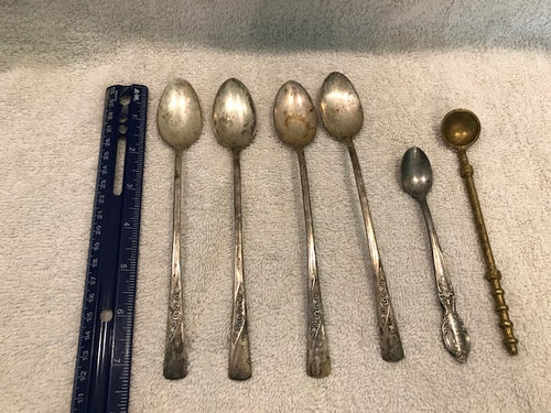 Set of 5 Vintage Silver/Silverplate Spoons & 1 Brass (603)