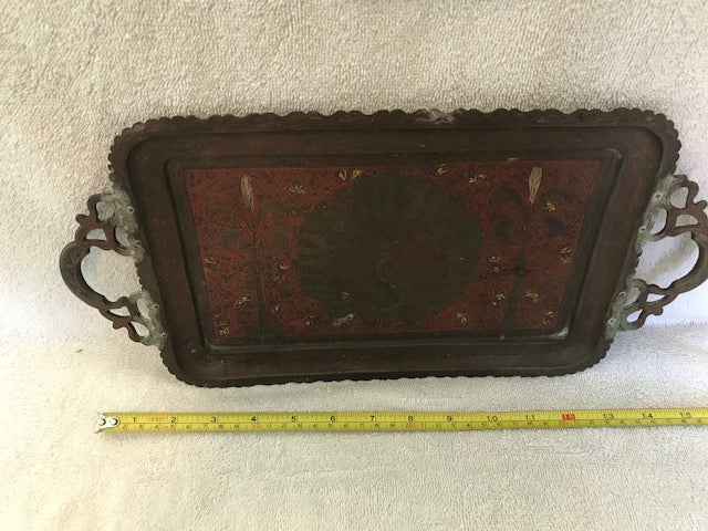 Vintage Brass Hand Painted Peacock Tray (#108)