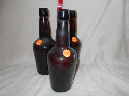 3 Vintage Dark Amber Beverage Bottles (501)