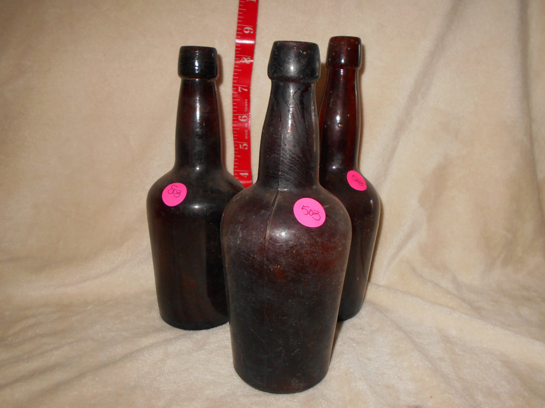 3 Vintage Dark Amber Beverage Bottles (503)