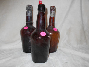 3 Vintage Dark Amber Beverage Bottles ( 504)