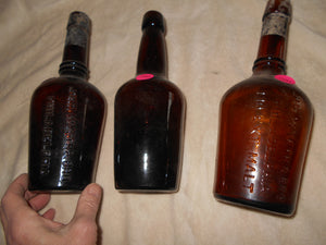 3 Vintage Dark Amber Beverage Bottles ( 504)