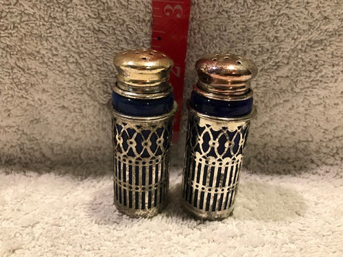 Vintage Set of Silver & Colbalt Blue Glass Salt & Pepper Shakers (#402)